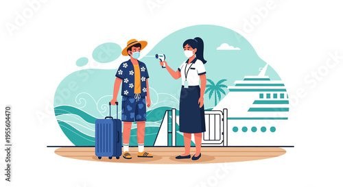 Passenger temperature check before cruise boarding, health screening, travel safety