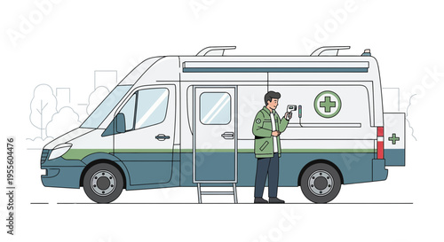 Paramedic using thermometer outside ambulance, healthcare concept, medical emergency service