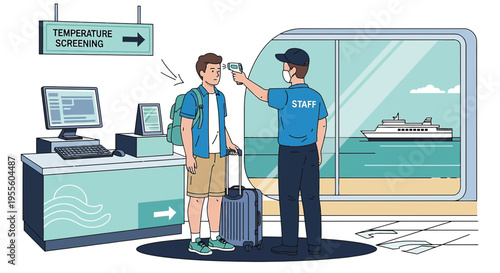Passenger temperature screening at port terminal before boarding cruise ship