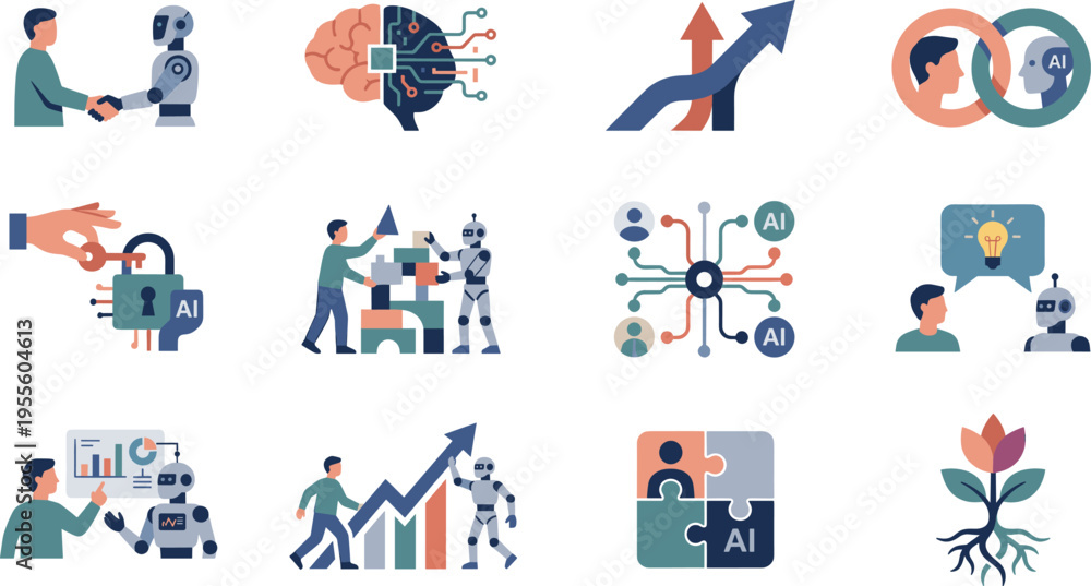 Fototapeta premium Artificial Intelligence and Human Collaboration Icons for AI Growth, Data Analytics, Security, Robotics, and Problem Solving