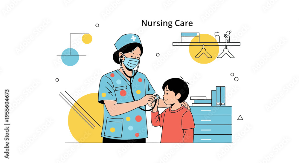 Fototapeta premium Pediatric Nurse Examines Child with Stethoscope, Nursing Care Illustration