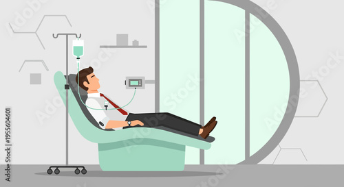 Patient receiving IV drip in modern clinic chair, medical treatment concept