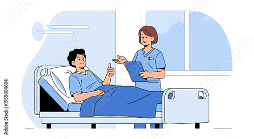 Patient recovering in hospital bed, doctor checks on him with clipboard, thumbs up gesture