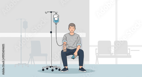 Patient receiving IV infusion in a waiting room, medical treatment, healthcare concept