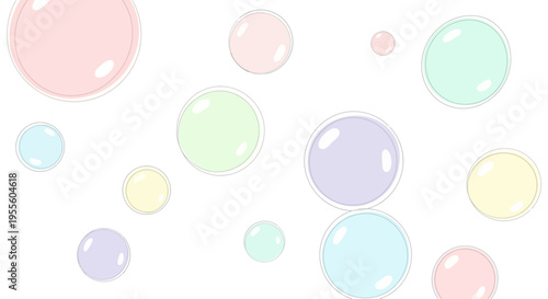 Pastel colored bubbles floating freely.