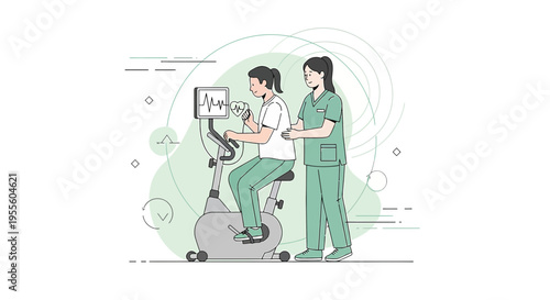 Patient undergoing cardiac stress test on exercise bike with nurse monitoring