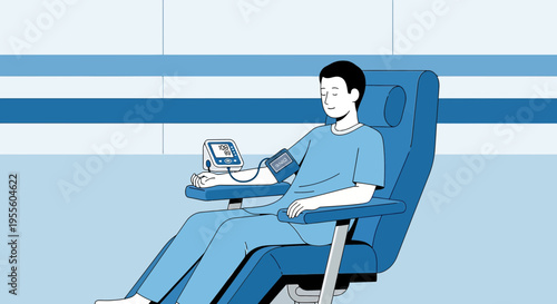 Patient Sitting in Medical Chair with Blood Pressure Monitor