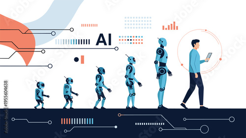 Modern flat illustration depicts the evolution of artificial intelligence from basic machines to advanced humanoid robots and humans.
