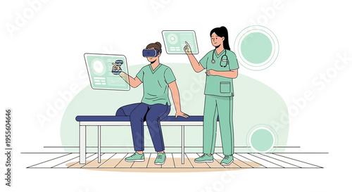 Patient uses VR headset with nurse monitoring virtual medical data on futuristic interface