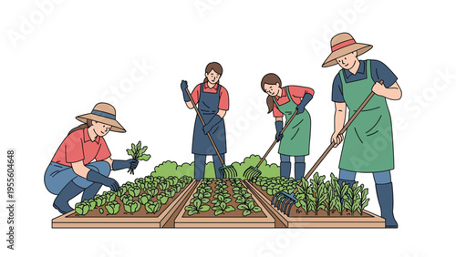 Group of enthusiastic gardeners works together to plant and maintain fresh green vegetables in organized wooden raised garden beds.