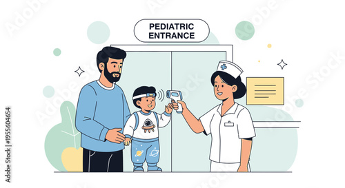 Pediatric Entrance: Nurse checks child's temperature with infrared thermometer, father present