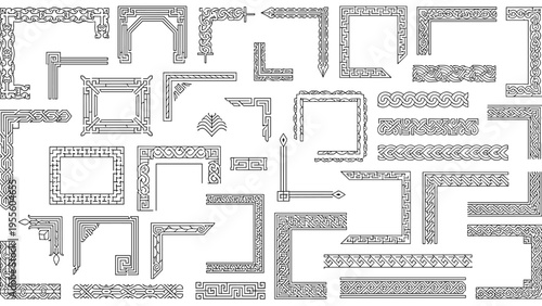 Comprehensive set of black and white ornamental corner designs and decorative borders features intricate geometric and floral patterns.