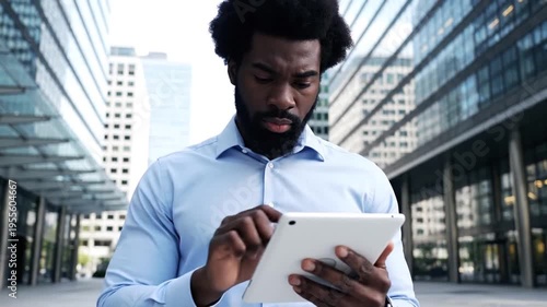 Young professional man using tablet outdoors in city.