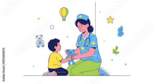 Pediatric Nurse Comforts Child Patient with Teddy Bear in Playful Hospital Room