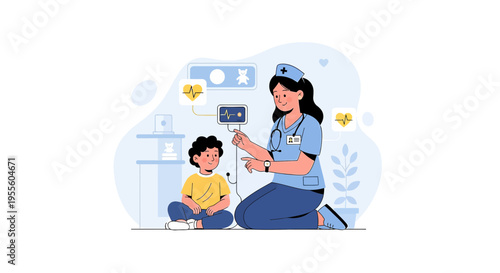 Pediatric nurse caring for a child patient, monitoring vital signs with medical equipment