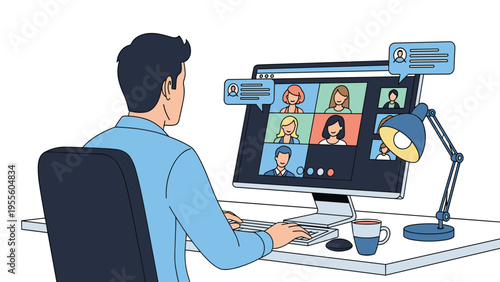Man sits at his home office desk participating in a professional video conference call with multiple colleagues on a large monitor.