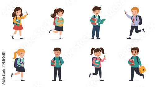 Set of happy school children is shown in various active poses while carrying their backpacks and books to their primary school classes.