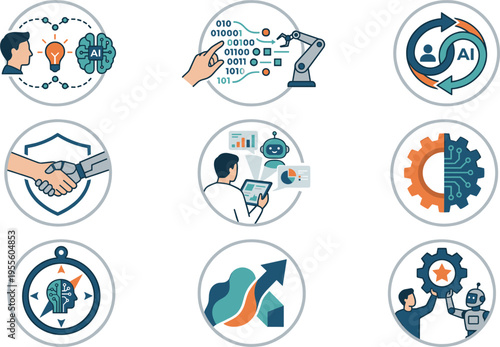 Artificial Intelligence, Robotics, and Data Analytics Icons for Automation, Machine Learning, and Digital Transformation