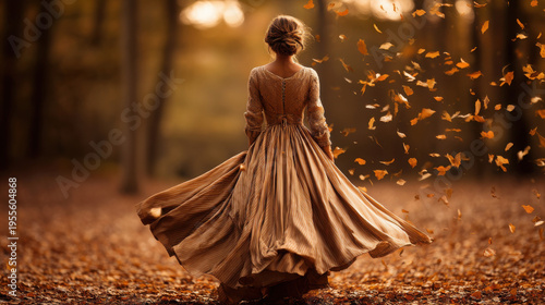 Woman in elegant dress twirling among autumn leaves enchanted forest portrait natural light serene beauty