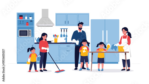 Family members work together to clean their modern kitchen with children helping parents to mop and wipe surfaces.