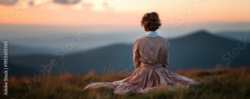 Woman in dress contemplating at different places scenic landscape emotional portrait serene environment soft lighting