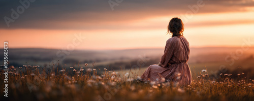 Woman in dress at sunset different places scenic landscape tranquil environment thoughtful viewpoint
