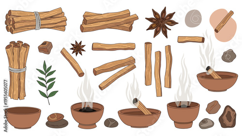 Collection of organic items for wellness rituals includes palo santo sticks, bundles, incense bowls with smoke, and natural stones.