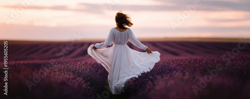 Woman in flowing dress twirling in lavender field different places nature photography serene environment wide angle view beauty concept