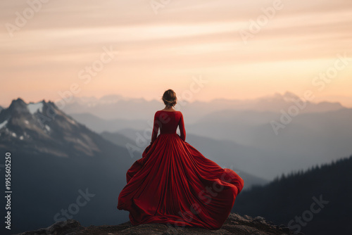 Woman in a red dress captures the essence of nature in different places dramatic landscape portrait photography scenic view