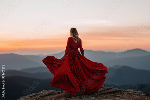 Woman in a dress twirling at different places mountain sunset photography scenic view fashion concept