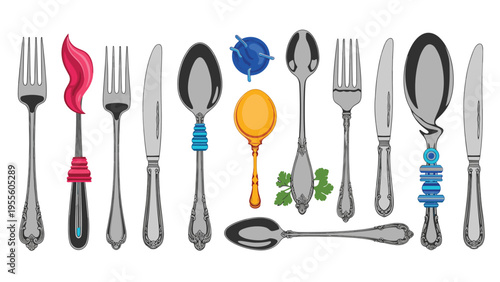 Creative collection of vintage and modern cutlery items including forks, spoons, and knives with unique artistic flourishes.