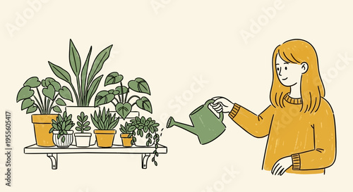 A charming hand-drawn illustration of a woman in a yellow sweater watering a collection of potted houseplants on a wooden shelf.