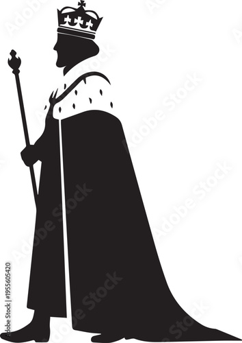 King silhouette illustration vector profile standing with royal scepter and line art cape