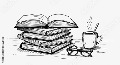 A classic black and white ink sketch of a stack of books with an open book on top, a steaming cup of coffee, and eyeglasses on a table.