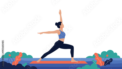 Woman practicing a yoga pose on a mat in a lush green park during a sunny day for health and wellness.