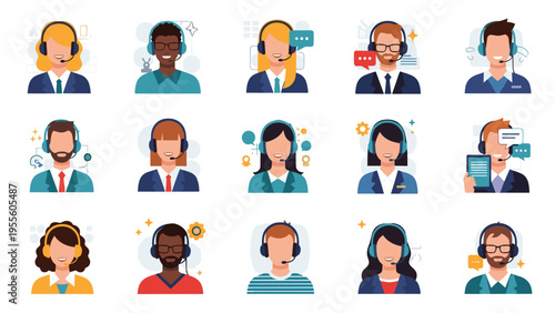 Diverse set of customer service and support representative avatars wearing headsets for online communication and assistance.