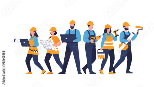 Professional team of construction workers, architects, and engineers carrying blueprints and tools for a building project.