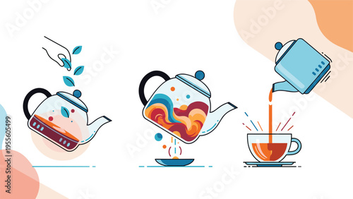 Sequential illustrations showing the process of brewing tea from adding leaves to pouring a hot cup for relaxation.