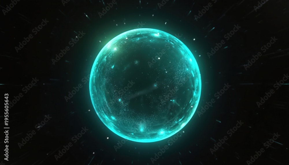 Fototapeta premium Glowing teal orb with soft fluid gradients and dotted texture. Futuristic abstract light sphere on deep black background with energy particles, digital aesthetic, science fiction. Plasma effect.