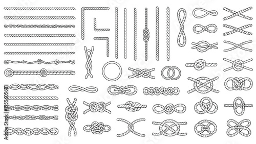 Extensive collection of various nautical and utility rope knots, cords, and braided lines for marine or industrial use.