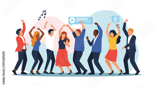 Joyful group of diverse people dancing and celebrating at a party with stylized music and video play icons.