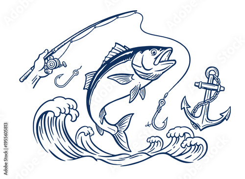 Fishing club artwork for t shirt. Fishing rod and anchor design. Deep sea fish vintage artwork. Ocean wave and fish. Nautical adventure apparel.
