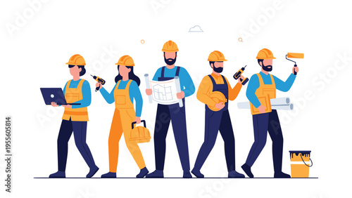 Team of professional construction workers and architects in safety gear holding tools and blueprints for a project.