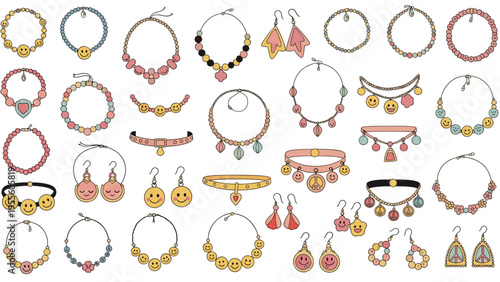 Vibrant assortment of colorful beaded jewelry including necklaces, bracelets, and earrings with fun smiley face charms.
