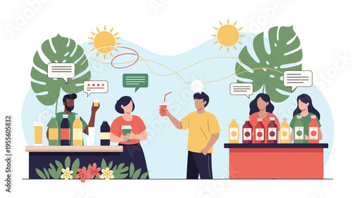 Lively outdoor scene featuring people purchasing refreshing tropical drinks at colorful market stalls on a sunny day.