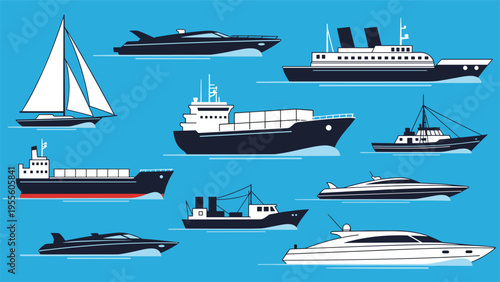 Comprehensive collection of different maritime vessels including cargo ships, yachts, sailboats, and industrial tankers.