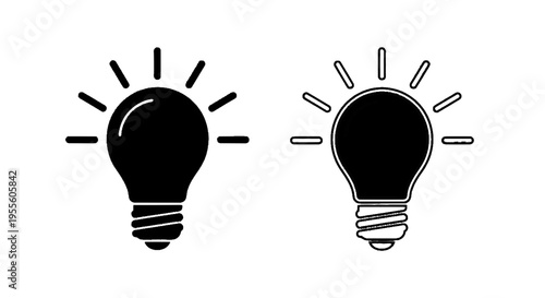 Vector illustration of set of two light bulb icons, solid black and outline style