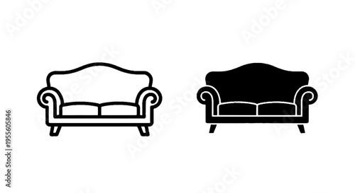 Vector illustration of set of two sofa icons in outline and solid style