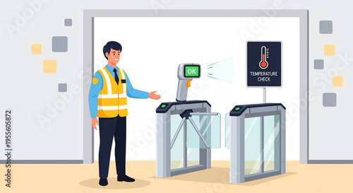 Security guard checks temperature at entrance with thermal scanner and turnstile