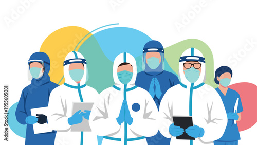 Group of brave medical professionals wearing full protective hazmat suits and scrubs during a health crisis.